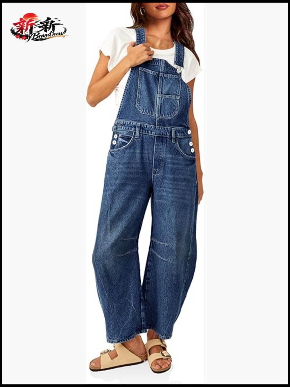 Denim Bib Overalls Barrel Leg Adjustable Strap Jean Pants Jumpsuits with Pockets